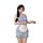 Woman in light blue qqny japanese-style maid costume with lace trim, white apron, and tray holding teacup. adjustable straps,...