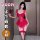 Woman modeling red qqny pure allure lace sleepwear set with garter straps, holding a rose—elegant, sensual nightwear for curv...