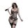 Woman in black lace lingerie holding a feathered whip, showcasing the qqny pure allure lace sleepwear set.