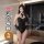 Model wearing qqny pure allure lingerie set, elegant black bodysuit with fishnet stockings, sophisticated bedroom wear.