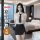 Elegant sensual sleepwear set featuring a white blouse with a black tie and mini skirt, perfect for luxury bedroom wear.