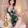 Woman modeling qqny pure allure sleepwear set, elegant green floral lingerie with pearl straps, luxury intimate nightwear for...