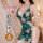 Woman wearing qqny pure allure green floral sleepwear set with pearl chain detail, elegant seductive lingerie for women.
