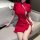 Elegant red dress with intricate buttons, stylish design for womens sleepwear, luxurious feel.
