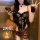 Woman modeling qqny pure allure sleepwear set, featuring elegant black lace bodysuit with leopard print accents and matching ...