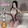 Woman modeling qqny pure allure sleepwear set, elegant white lace lingerie with black accents, posing on bed.