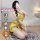 Woman in yellow floral qqny pure allure sleepwear set, kneeling on rug, elegant seductive lingerie for women, luxury nightwea...