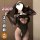Woman wearing qqny pure allure sleepwear set – elegant black lingerie with sheer sleeves and ruffled details, designed for lu...