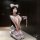 Woman in qqny pure allure sleepwear set – elegant white lingerie with cat ears, ruffles, and thigh-high socks, kneeling sensu...