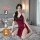 Elegant sensual red sleepwear set featuring lace details and thigh-high slit, perfect for luxury bedroom wear with romantic c...