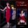 Woman modeling red qqny pure allure sleepwear set—elegant halter dress with matching t-back, shown front and back in luxury c...