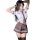Woman in stylish schoolgirl-inspired qqny pure allure sleepwear set, featuring white blouse, plaid skirt, and thigh-highs for...