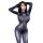 Woman in sleek black spiderweb-patterned bodysuit, hands behind head — qqny pure allure sleepwear set, elegant sensual linger...