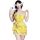Woman wearing qqny pure allure sleepwear set, a yellow floral lingerie dress with bow straps and wrap waist.