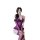 Woman wearing qqny pure allure purple lace lingerie set with matching gloves and stockings, elegant sensual sleepwear.