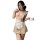 Woman in beige satin chemise with white ruffled apron, holding teacup — qqny pure allure sleepwear set for women.