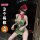 Woman wearing qqny pure allure green satin lingerie set with red hat and mask, holding decorative fan in elegant pose.