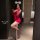 Woman in red christmas lingerie set with bunny ears, posing in mirror. pure & tempting sexy sleepwear, naughty uniform style ...