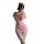 Woman modeling pink qqny seductive lounge set with nurse hat, lace-trimmed shorts, and thigh-high stockings for sensual night...