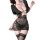 Woman modeling black lace qqny seductive lounge set with sheer top, floral skirt, and stockings from pure desire collection.