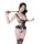 Woman in black lace bodysuit with garter belt and stockings, holding a riding crop.