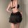 Woman wearing black queen french deep v backless velvet cami set with lace trim, elegant sleepwear for women.