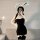 Rabbit girl costume set featuring plush bunny ears, fluffy tail, and black dress with thigh-high stockings for cosplay and ro...