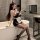 Sexy black leather rabbit girl costume set featuring a maid outfit with stockings and high heels, perfect for seductive bunny...