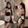 Sexy rabbit girl costume set featuring black leather outfit with white apron, bunny ears, and stockings, perfect for seductiv...