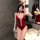 Red velvet bunny costume with lace detailing and open-crotch design, perfect for playful seduction.