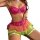 Woman wearing a vibrant rainbow lace petticoat lingerie set with heart embroidery and sheer mesh skirt.