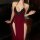Elegant red ranqing velvet deep v sleep dress featuring intricate lace detailing and a seductive high-slit design, perfect fo...