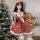 Red polka dot dress with bunny theme, festive holiday outfit featuring fluffy trim and teddy bear accessory.