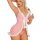 Sexy pink polka dot christmas outfit with fluffy trim, featuring a satin sleep dress and matching lingerie set.