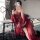 Red chinese-inspired sheer hanfu style bodysuit with matching accessories, perfect for curvy brides seeking elegance and allu...
