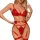 Woman wearing red lace garter belt set with intricate detailing and gold accents, showcasing sexy european-american style sha...