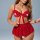 Red lace lingerie set with ruffle trim, featuring a seductive sleep dress and matching bra and panty.