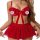 Red lace lingerie set with ruffle trim, featuring a seductive sleep dress, matching bra and panty for a romantic look.