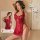 Woman modeling red lace temptation sleepwear, a sexy sheer cheongsam-inspired one-piece outfit with high slit and floral deta...