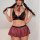 Red plaid lace lingerie set featuring a bralette with tie neck and matching skirt, perfect for sexy role play costumes.