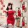 Sexy christmas & new year matching sleepwear, red plush lingerie set with reindeer headband and stocking detail