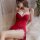 Red pure-temptation lingerie gown for women, featuring sexy new year nightwear with lace details and a slit design, perfect f...
