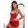 Woman modeling red lace sleepwear set with sheer bodycon design, featuring delicate straps and alluring nightwear style.