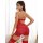 Woman wearing red lace sleepwear set, sheer bodycon lingerie with floral details, seductive nightwear for women.