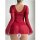 Woman wearing red sheer lingerie set with long sleeves and skirted bottom, back view.