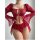 Woman modeling red sexy lingerie set with floral embroidery, sheer bell sleeves, and skirted bikini bottom.