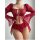 Woman wearing red sexy lingerie set with floral embroidery, sheer bell sleeves, and skirted bikini bottom in -style design.