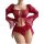 Red sexy lingerie set with floral embroidery, sheer sleeves, and skirted bikini bottom for a pure yet tempting vacation look.