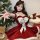 A festive red sparkly dress with a strapless bodice, featuring a large bow and fluffy trim, perfect for holiday celebrations.