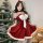 Red sparkly sexy new year dress featuring a strapless bodice, festive bow, and fluffy trim, perfect for holiday celebrations.